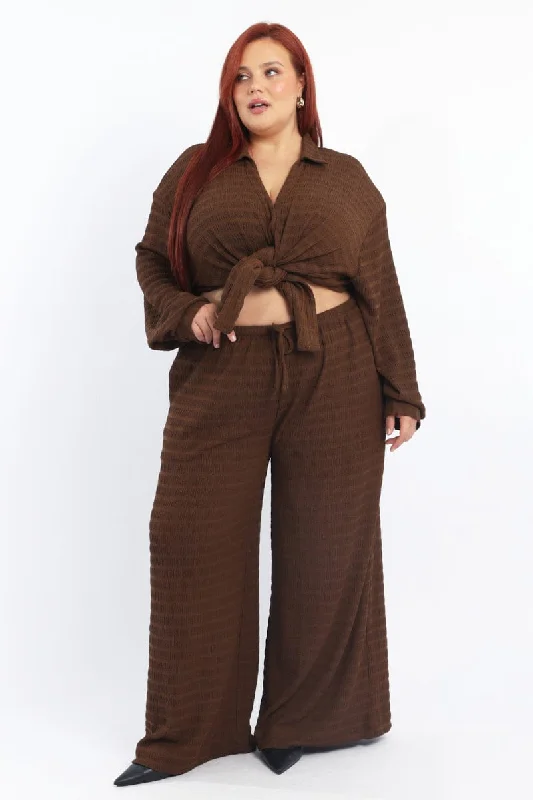 Brown Textured Drawstring Waist Wide Leg Pants Comfortable Jogger Trousers