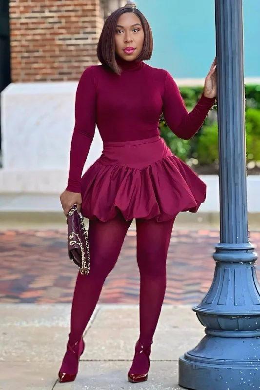 Hilary Bubble Hem Mini Skirt- Burgundy boho skirt vibe