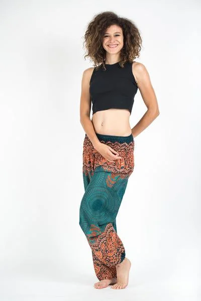Unisex Geometric Mandalas Harem Pants in Turquoise Fashionable Tapered Leg Pants