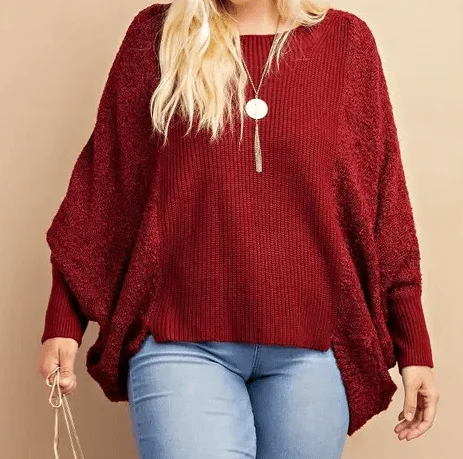 Women's Curvy Burgundy Hi/Low Sweater Neon Metallic Matte