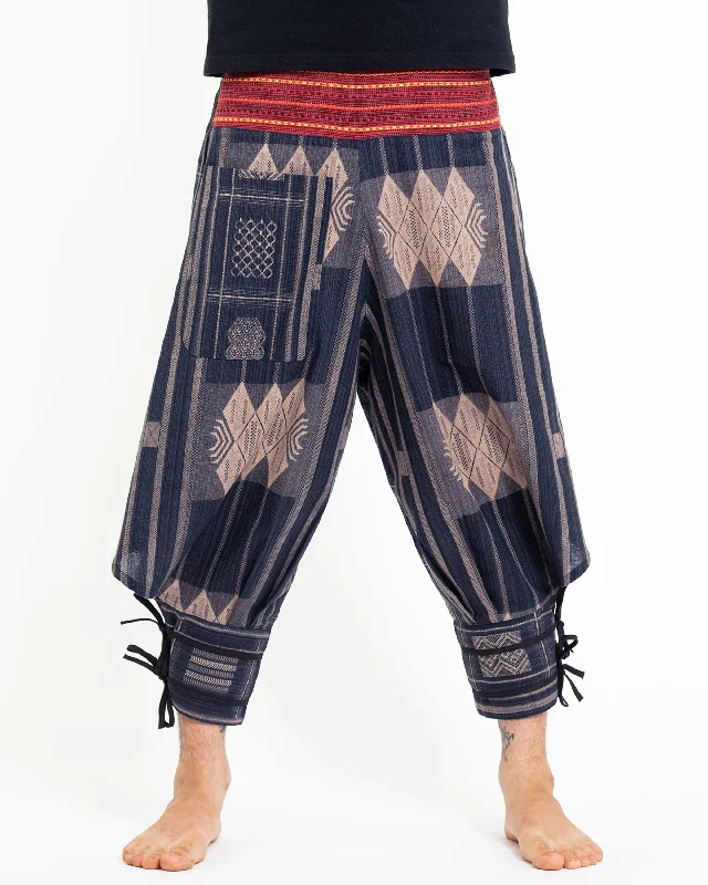 Thai Hill Tribe Fabric Harem Pants with Ankle Straps in Artisan Blue Fashionable Jogger Pants