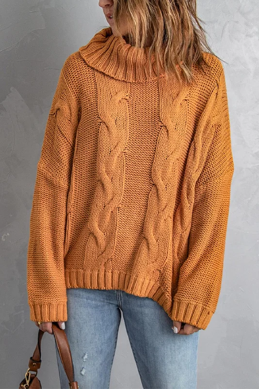 Cable Knit Turtleneck Sweater - Mustard Boat Neck Shawl Collar Notched Collar