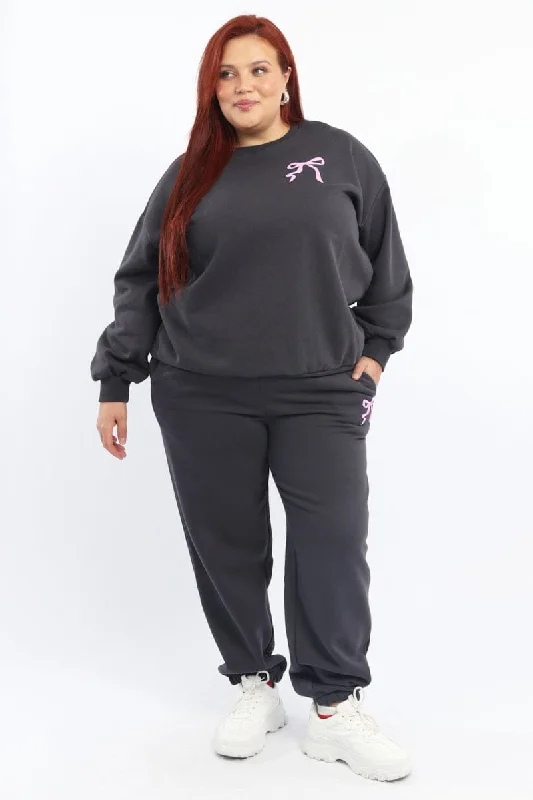 Grey Bow Print Track Pants Formal Stretch Pants