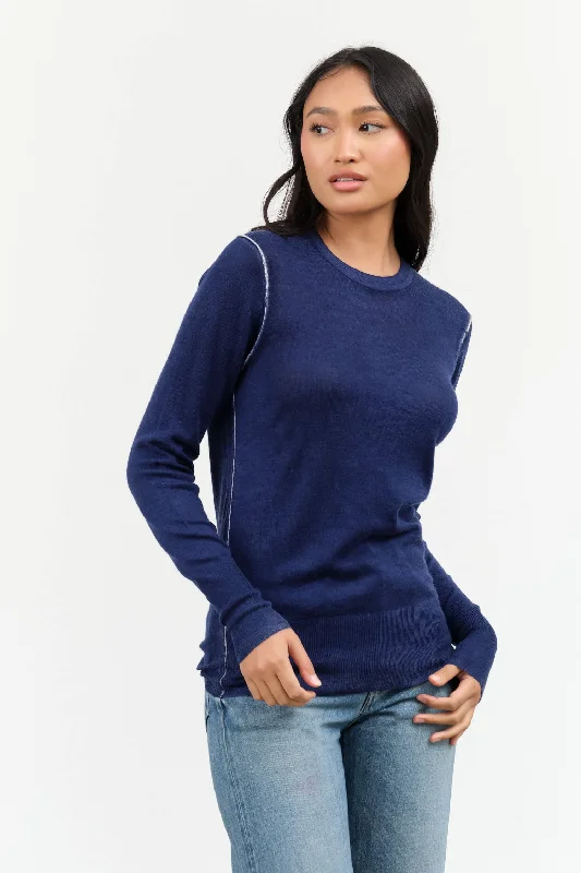 Printed Crew Sweater in Blue Silk Blend Satin Velvet