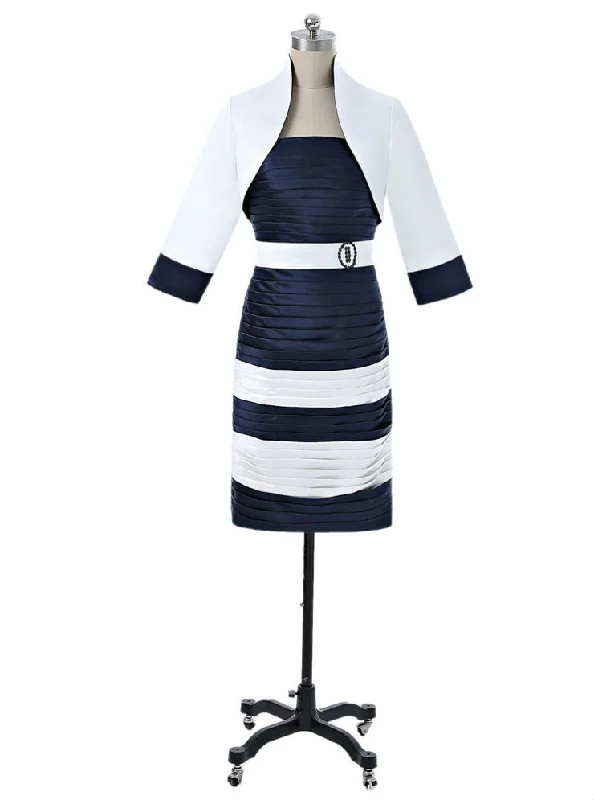 Navy Blue Mother Of The Bride Dresses Sheath Knee Length With Jacket For Wedding Collared Jacket Crew Neck Jacket Turtle Neck Jacket