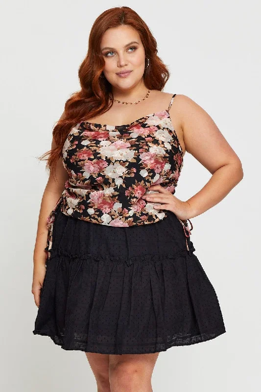 Black Mini Skater Skirt Cotton Blend Elastic Waist chiffon skirt flowing