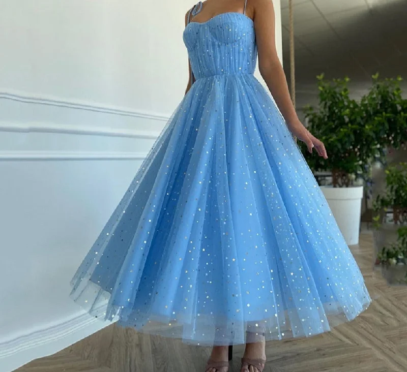 Cinessd 2022 Shiny Sky Blue Spaghetti Strap Prom Dresses Sweetheart Corset A Line Tulle Tea Length Evening Party Dress Custom Tunics Practical easy-care Cinessd 2022 Shiny Sky Blue Spaghetti Strap Prom Dresses Sweetheart Corset A Line Tulle Tea Length Evening Party Dress Custom Tunics Practical easy-care