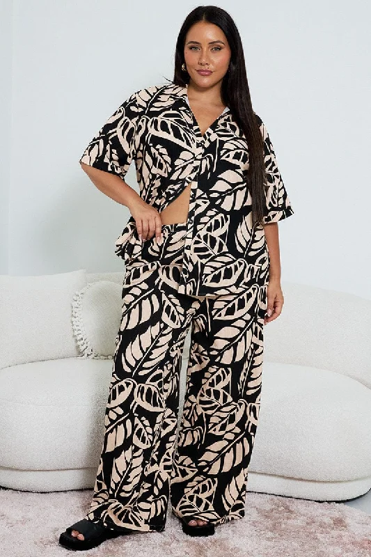 Black Floral Wide Leg Pants High Rise Comfortable Maternity Pants