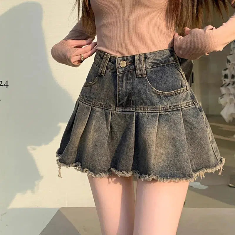 Distressed Pleated Denim Mini Skirt silk skirt lustrous