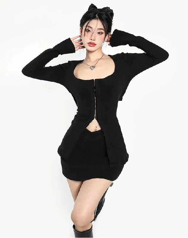 Tierra Solid Color Black Long Sleeve Top V Waist Slim Mini Skirt Matching Set velvet skirt luxury