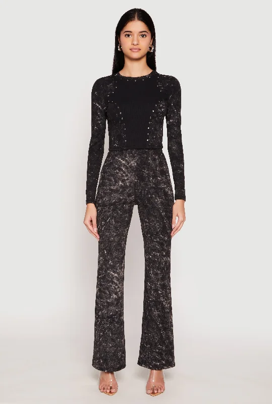 Mineral Wash High Waist Flare Pants Relaxed Fit Trousers