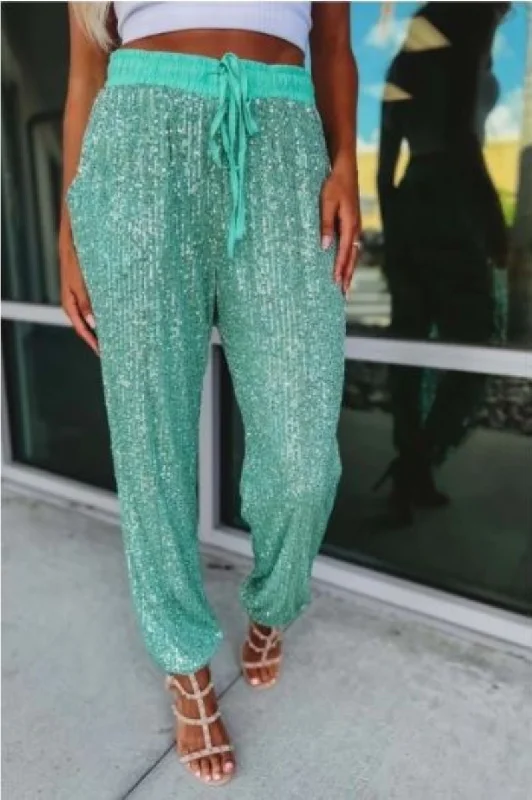 MINT SEQUIN HIGH WAISTED DRAWSTRING JOGGER PANTS SP19958 Slim-Fit Leggings