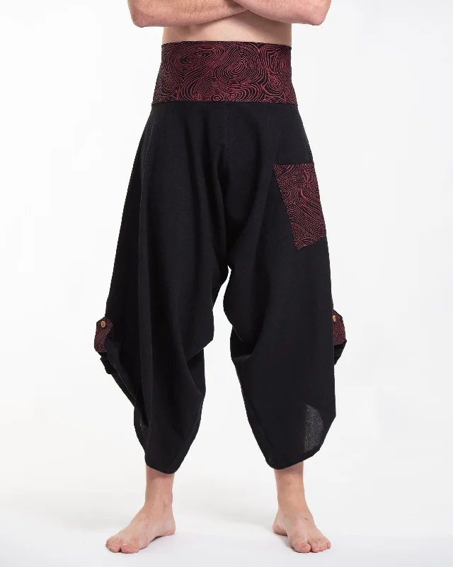 Unisex Button Up Cotton Pants with Hill Tribe Trim in Black Soft Stretch Trousers