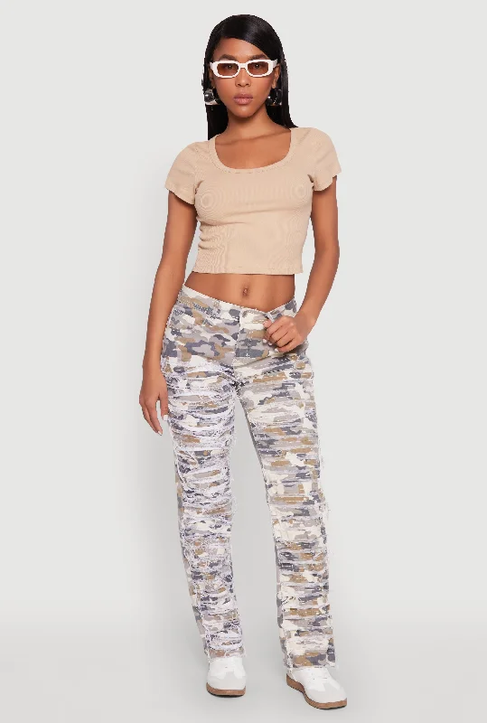 Patch and Repair Distressed Camo Pants Cozy Full-Length Pants