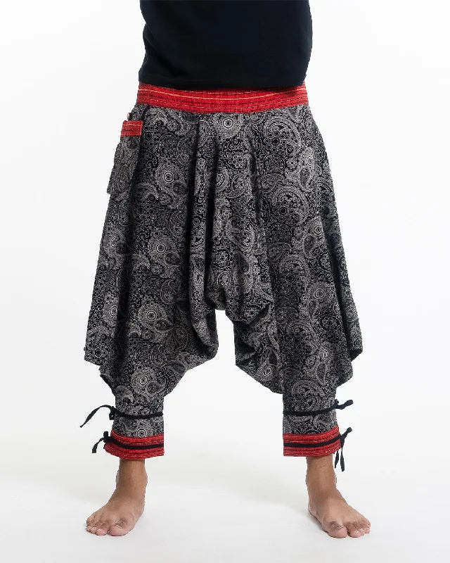 Paisley Thai Hill Tribe Fabric Drop Crotch Harem Pants with Ankle Straps in Black Casual Yoga Pants