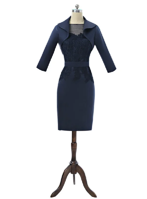Navy Blue Mother Of The Bride Dresses Sheath Knee Length With Jacket V-Neck Jacket Boat Neck Jacket Square Neck Jacket