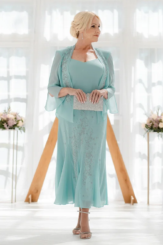 Women's Beaded Chiffon Jacket Dress - Mother of The Bride Dress A-Line Jacket Boat Neck Shawl Collar
