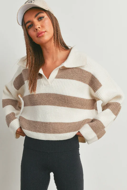 Stripe Collar Sweater: Taupe Boat Neck Shawl Collar Notched Collar