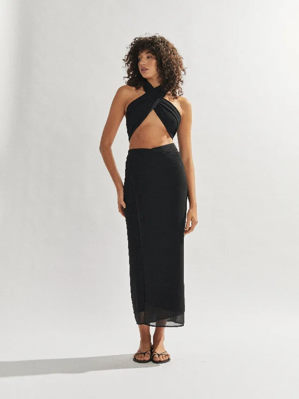 Frankie Wrap Skirt Black button skirt front