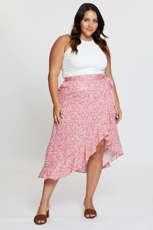 Floral Print Maxi Skirt Ruffle Hem linen skirt natural