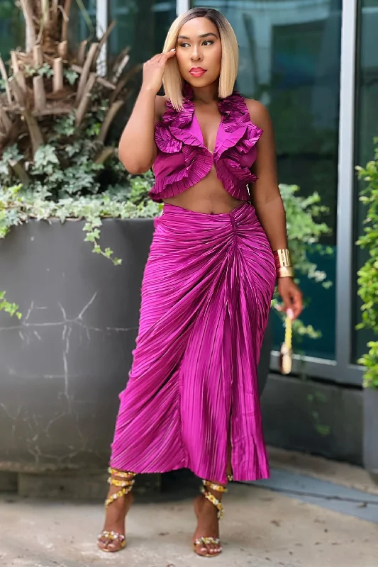 Carolyn Ruffled Satin Skirt Set-Magenta high waist skirt