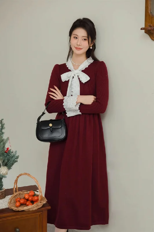 Lace Trim Sweater Midi Dress (2 Colors) Elegant Classic Vintage