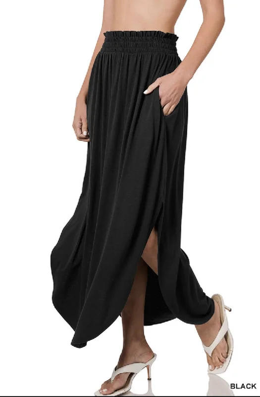 Smocked Waist Side Slit Maxi Skirt With Pockets denim skirt classic