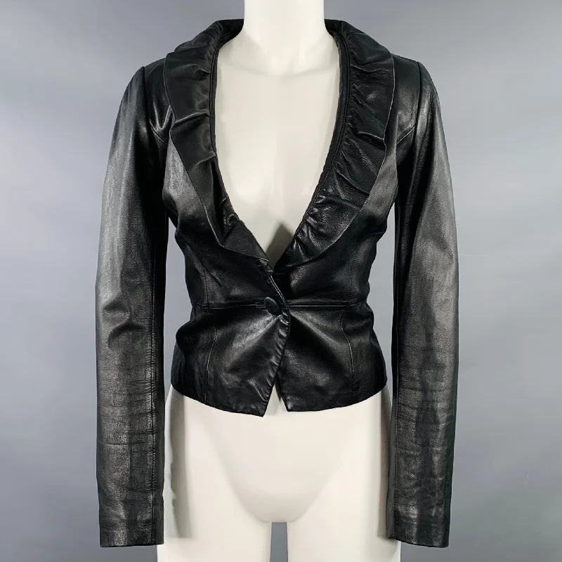 MILLY Size S Black Lambskin Leather Ruffle Jacket Wool Jacket Cashmere Jacket Tweed Jacket