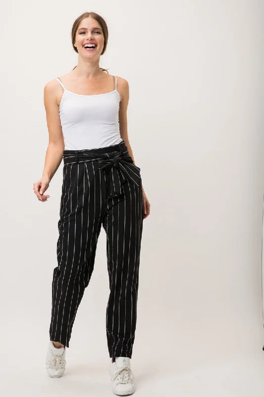 BLACK & WHITE STRIPE SELF-TIE BELT FULL-LENGTH PANTS MPT7553 High-Waist Jeans