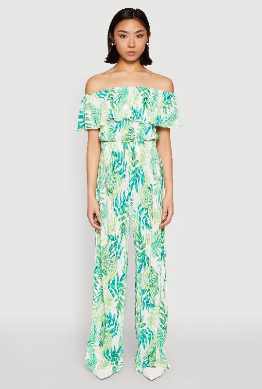 Almost Famous Plisse Leaf Print Pants Comfy Cargo Trousers