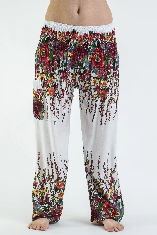 Unisex Floral Harem Pants in White Comfortable Jogger Trousers