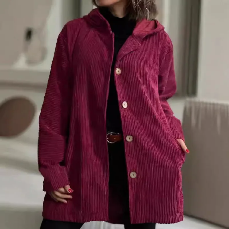 Women's Hooded Loose Corduroy Casual Jacket Denim Fabric Leather Fabric Suede Fabric