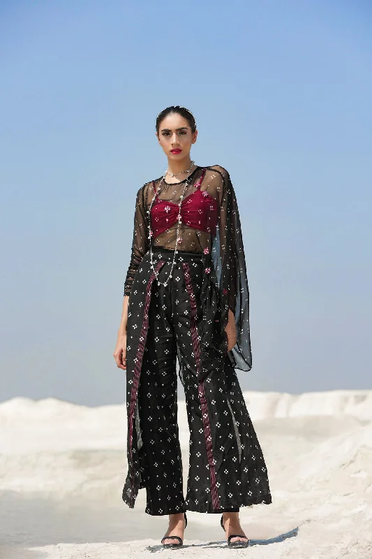 Ameera Ooze Sheer Cape Top With Flutter Pants Relaxed High-Waist Trousers