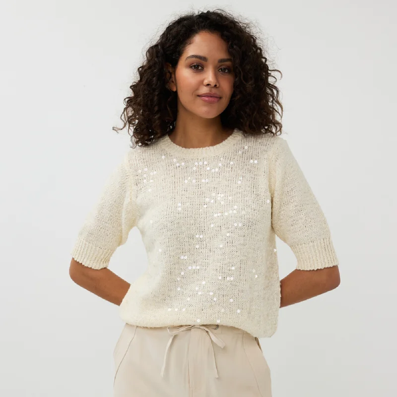 Esqualo Short Sleeve Sequin Sweater | Champagne / Sky Blue Cotton Fabric Linen Fabric Terry Fabric Esqualo Short Sleeve Sequin Sweater | Champagne / Sky Blue Cotton Fabric Linen Fabric Terry Fabric