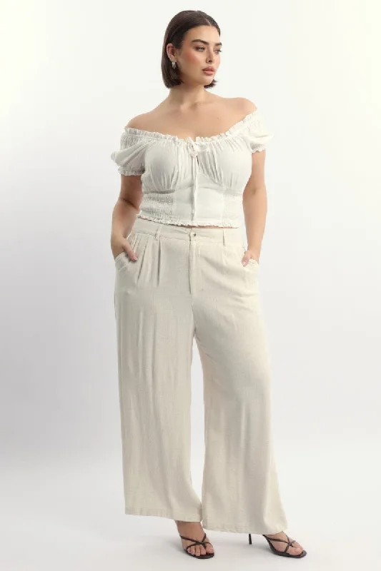 Beige Linen Blend Tailored Wide Leg Pants Chic Wool Trousers