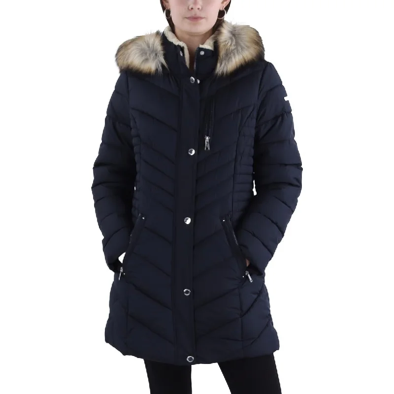 Laundry by Shelli Segal Womens Faux Fur Trim Hooded Puffer Jacket Knit Fabric Woven Fabric Fleece Fabric