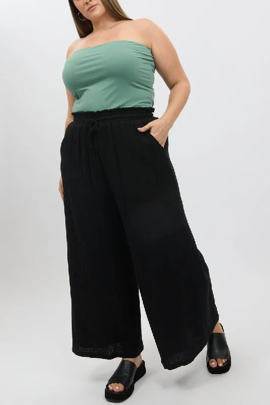 Black Cheesecloth Lined Wide Leg Pants Fashionable Work Pants