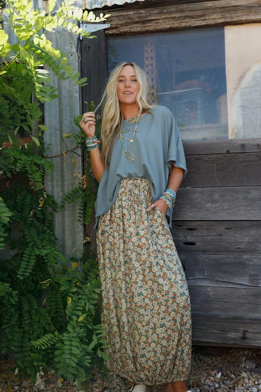 The Nest Solstice Song Cinched Skirt - Khaki floral skirt print