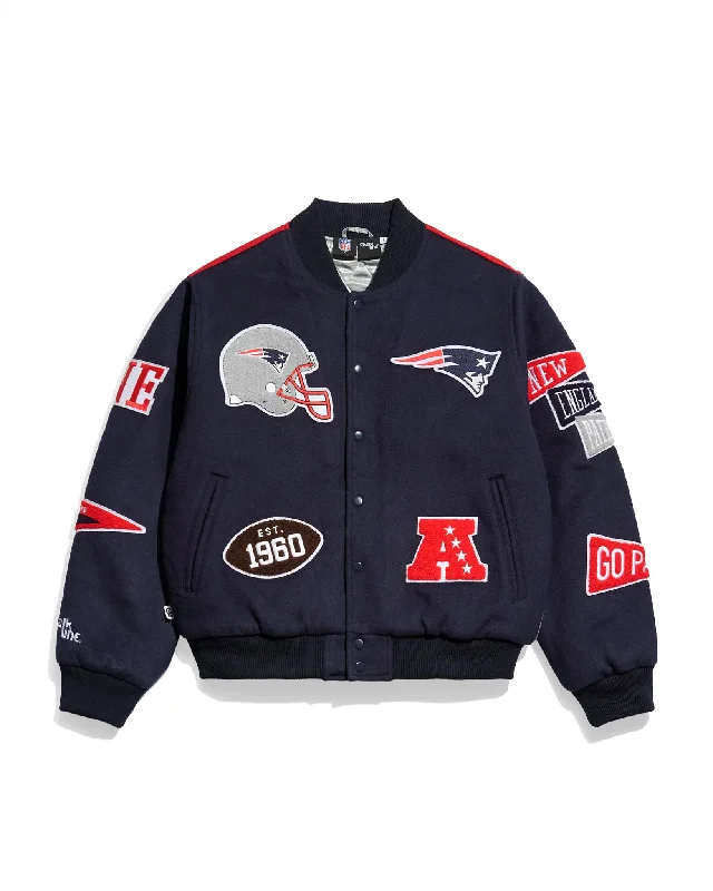 New England Patriots Pennant Varsity Jacket Zippered Front Buttoned Front Snap Front New England Patriots Pennant Varsity Jacket Zippered Front Buttoned Front Snap Front