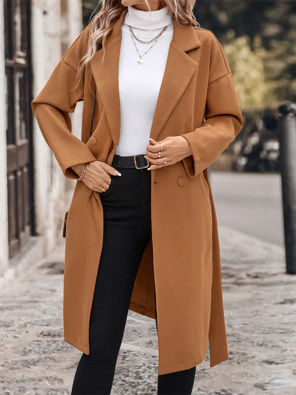 Women's Lace-Up Long Solid Color Tweed Jacket Cotton Fabric Linen Fabric Terry Fabric Women's Lace-Up Long Solid Color Tweed Jacket Cotton Fabric Linen Fabric Terry Fabric