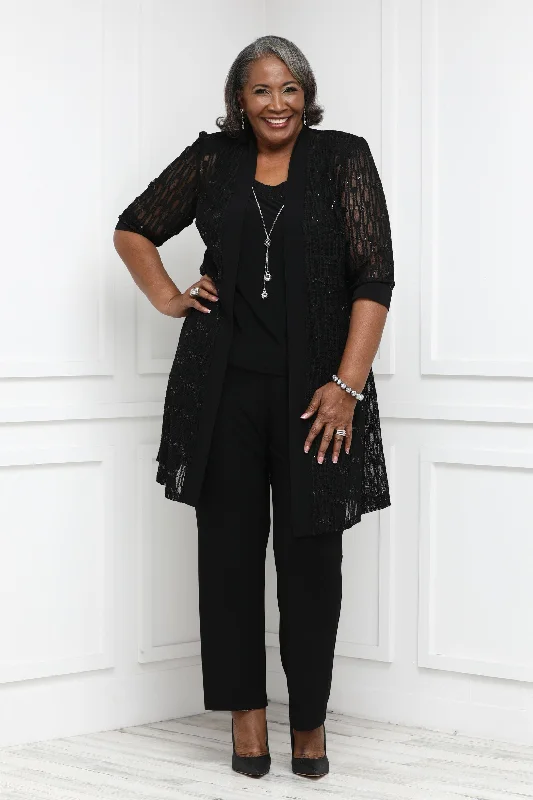 R&M Richards Plus Size 3 Piece Sequin Lace Jacket Pantsuit Zip Front Button Front Snap Front