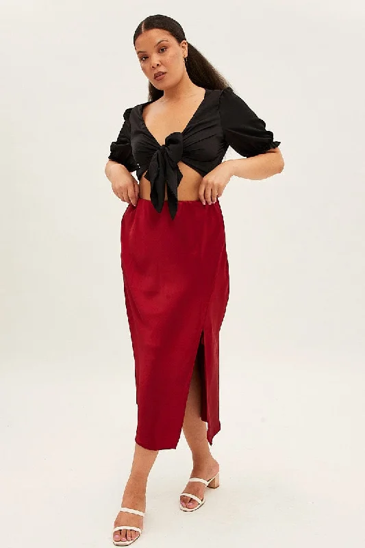 Red Midi Skirt Satin Split Flare ruffled skirt detail