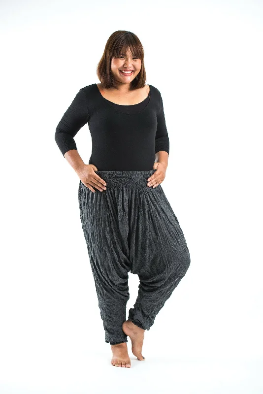 Plus Size Unisex Crinkled Cotton Harem Pants in Black Classic Straight Pants