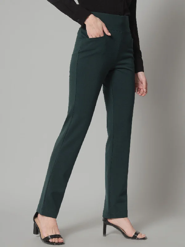 Wide Belt Mid Waist Stretch Pants- Bottle Green Classic Bootcut Trousers