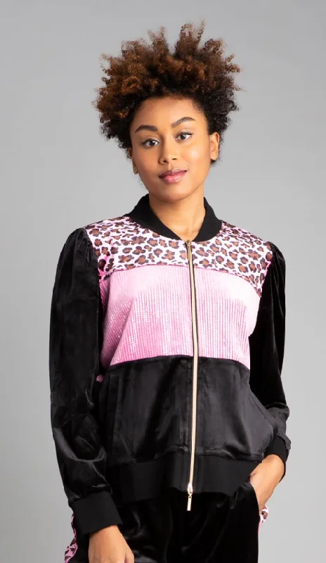 Pink Puff Colorblocked Velour Jacket Zip Front Button Front Snap Front