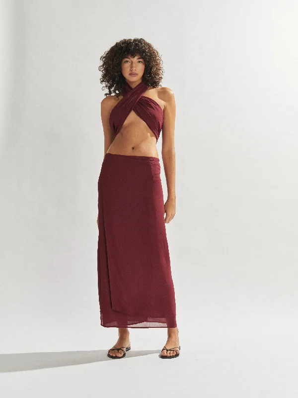 Frankie Wrap Skirt Burgundy zip skirt side