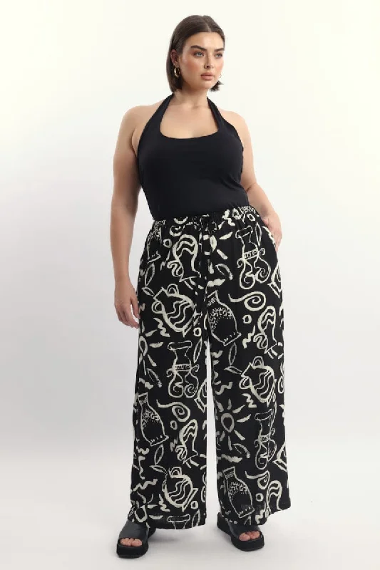 Black Abstract Drawstring Waist Linen Blend Wide Leg Pants Classic Bootcut Trousers