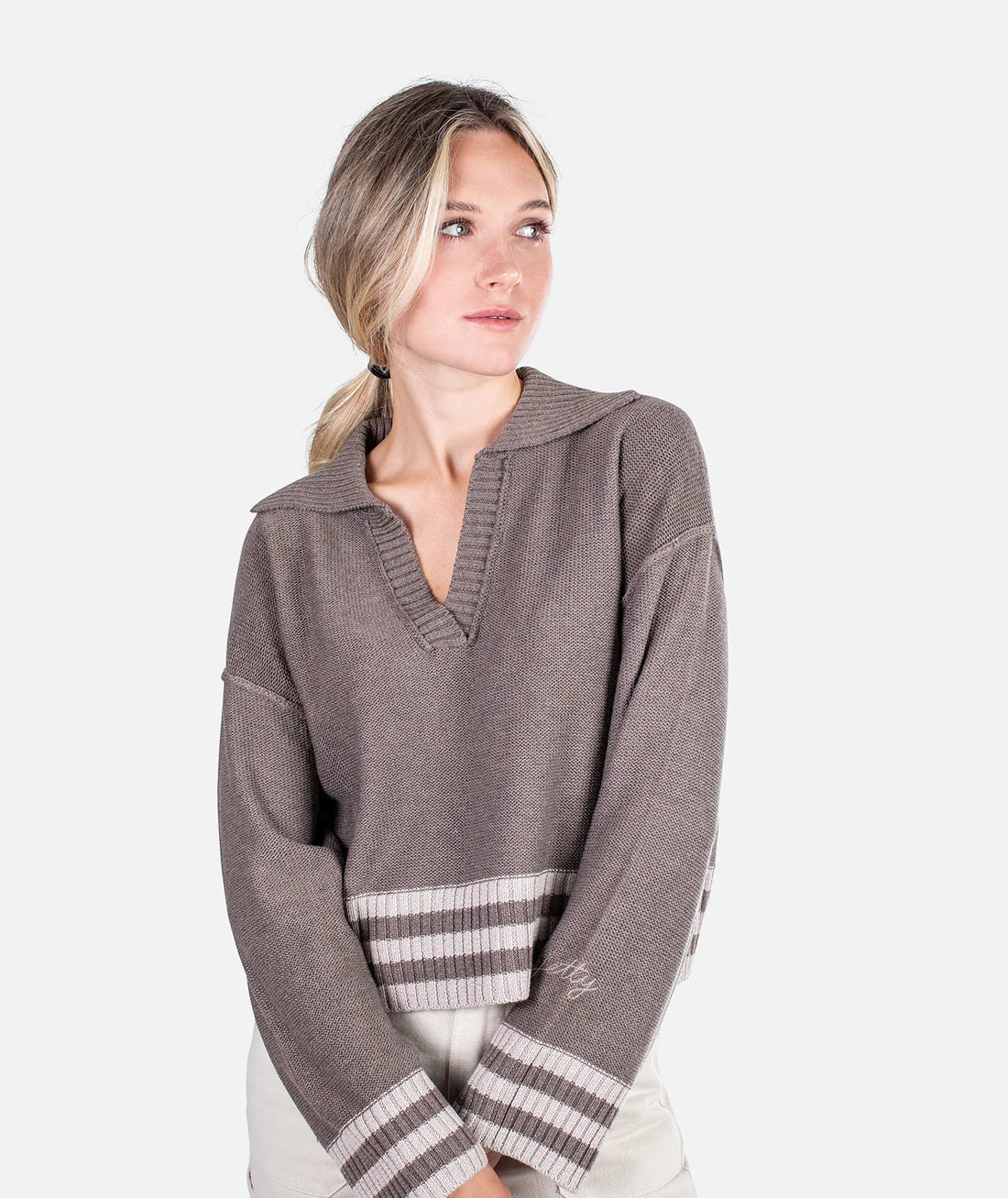 Tybee Henley Sweater - Brown Notch Collar Peter Pan Collar Cowl Neck