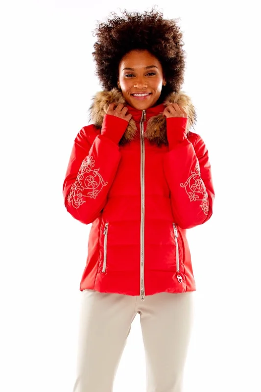 M. Miller Women's Keirsten Stretch Down Jacket with Winter Fur Trim in Red ON SALE Lace Jacket Ribbed Jacket Sequined Jacket