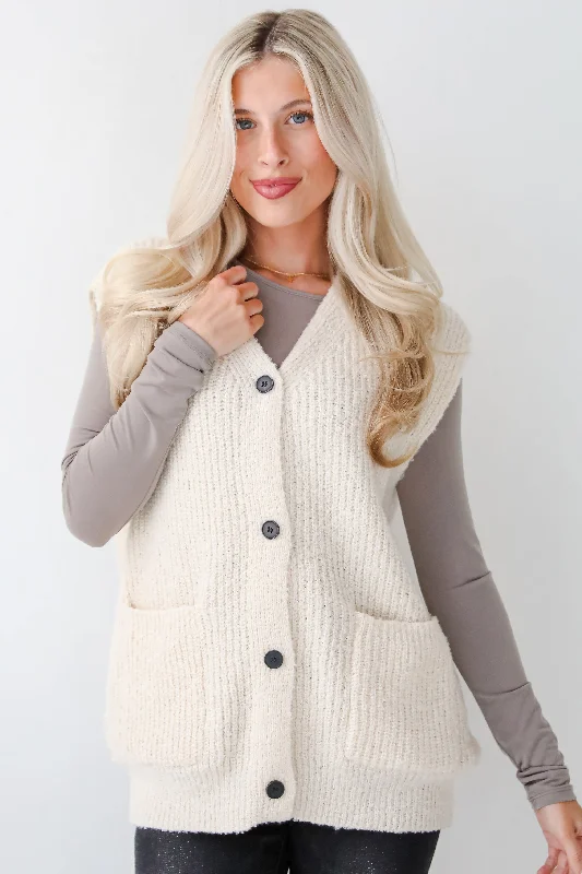 FINAL SALE - Cuddly Perfection Oatmeal Fuzzy Knit Sweater Vest Tailored Straight A-Line